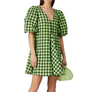 Ganni green check seersucker dress